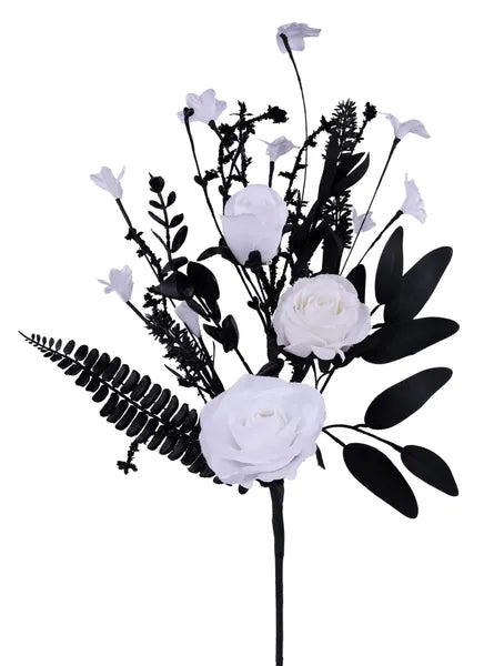 19"L ROSE FLOWER SPRAY WHITE/BLACK - Burlap and Bling Decor