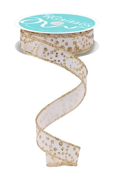 7/8"X10YD MINI GLITTER DOTS CREAM/GOLD WIRED RIBBON - Burlap and Bling Decor