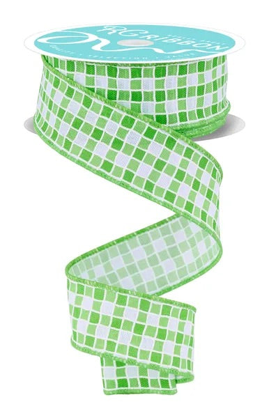 1.5"X10YDS SMALL CHECK/FOAM LINES WHITE/MULTI GREEN WIRED RIBBON - Burlap and Bling Decor