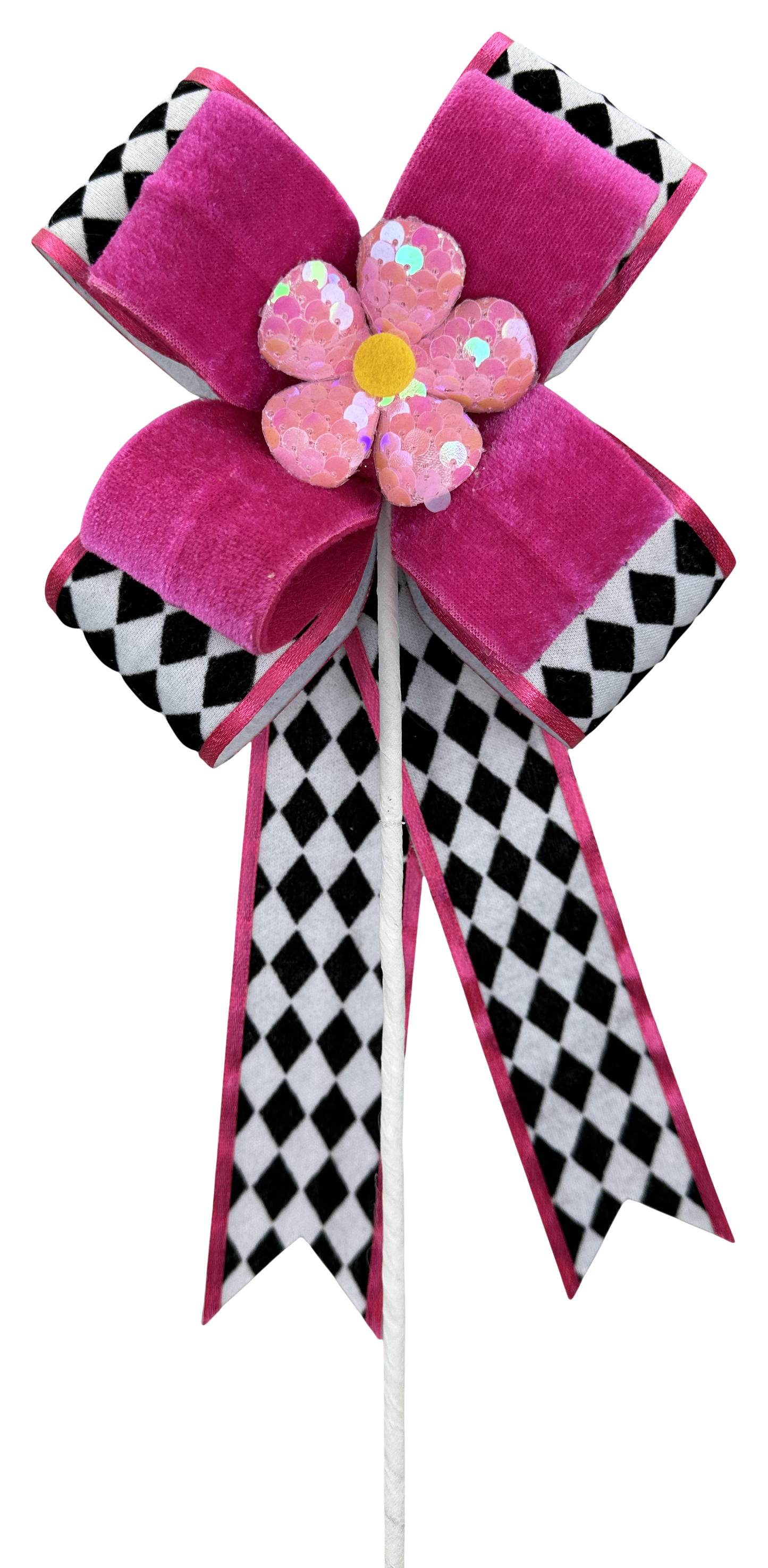 Harlequin Hot Pink Daisy Bow Pick 18x6 - Burlap and Bling Decor