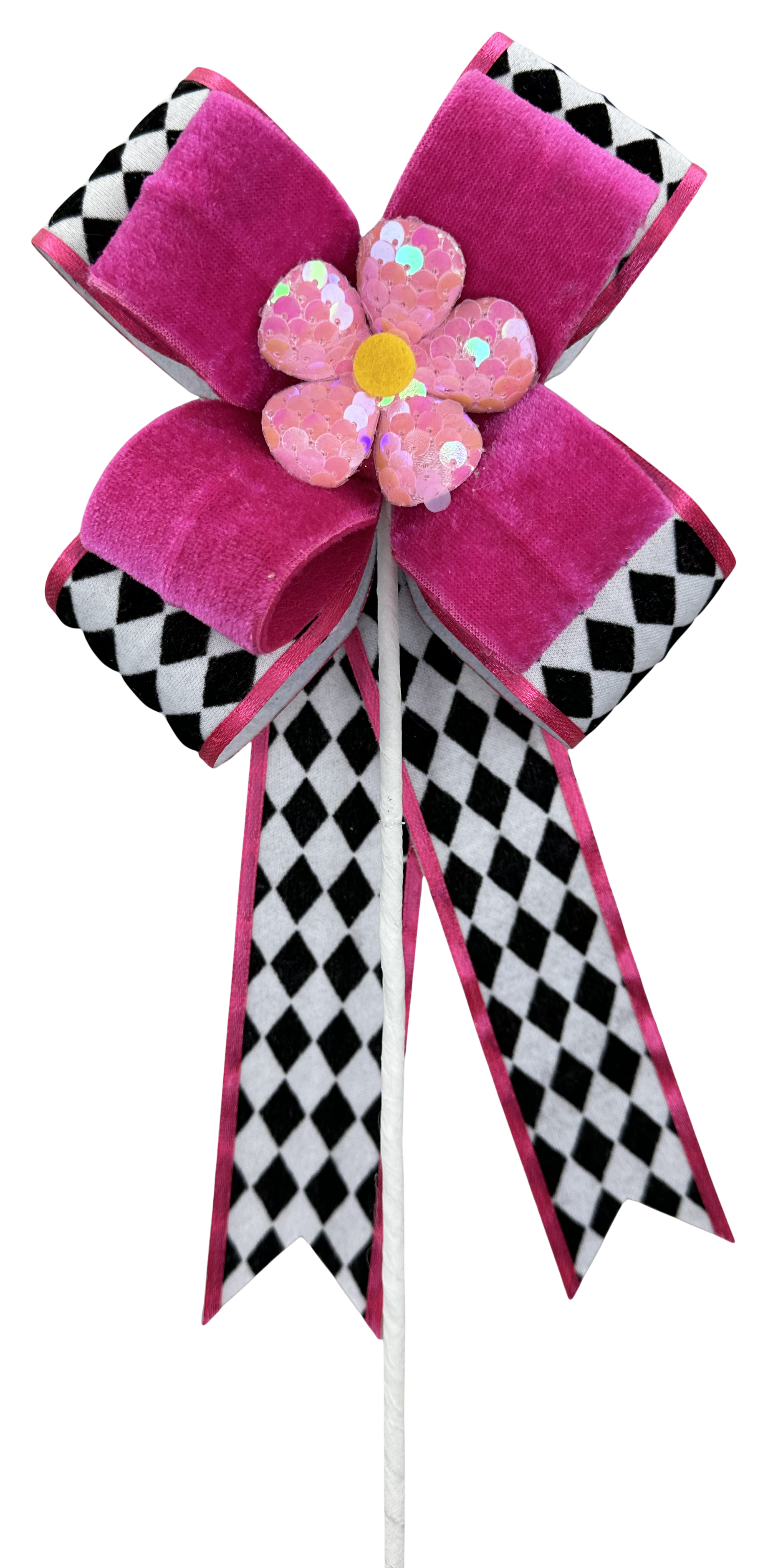 Harlequin Hot Pink Daisy Bow Pick 18x6 - Burlap and Bling Decor