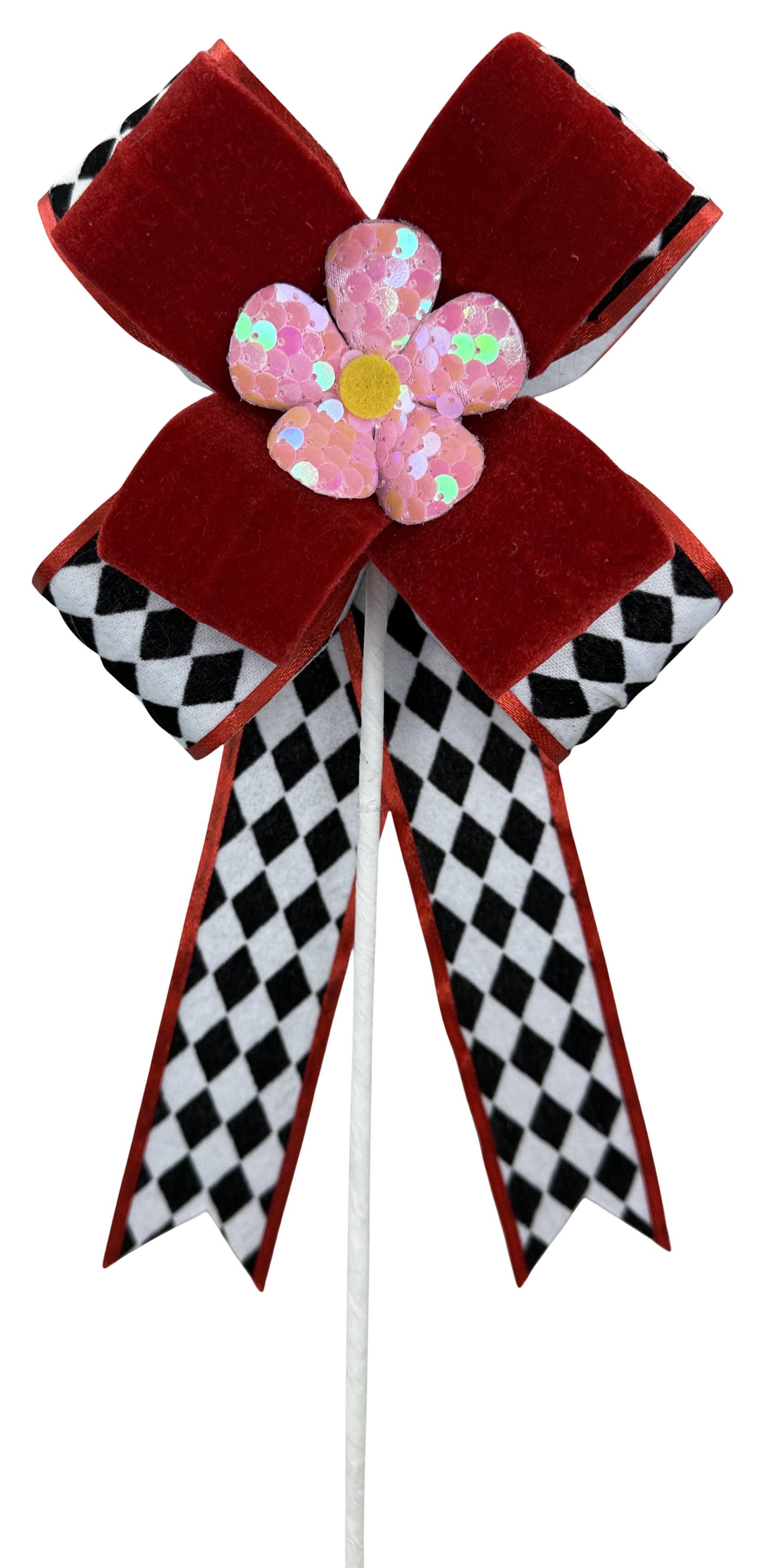 Harlequin Red Daisy Bow Pick 18x6 - Burlap and Bling Decor