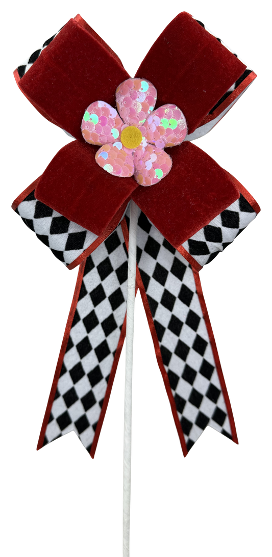 Harlequin Red Daisy Bow Pick 18x6 - Burlap and Bling Decor