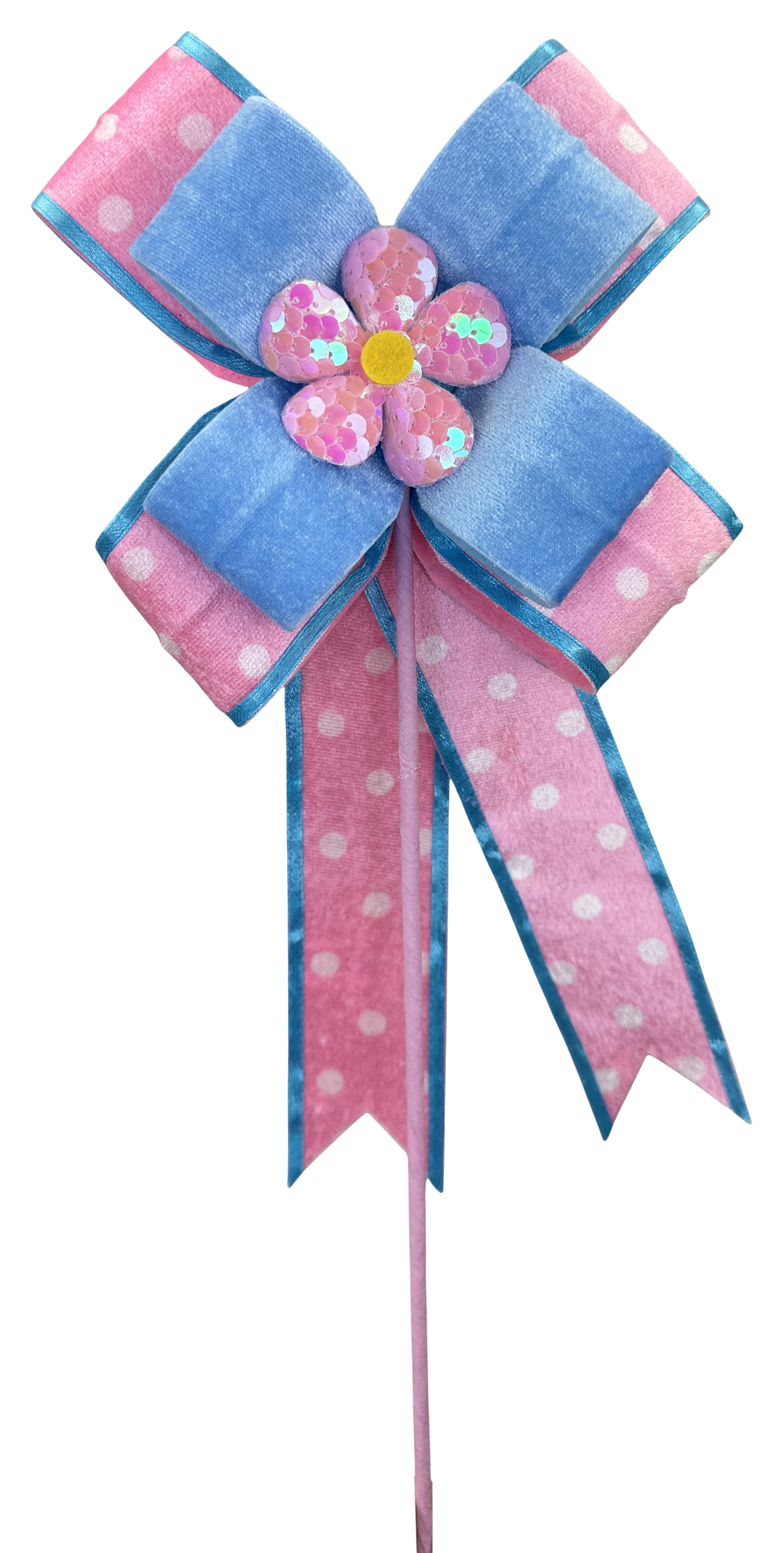 Polkadot Pink/Blue Daisy Bow Pick 18x6 - Burlap and Bling Decor