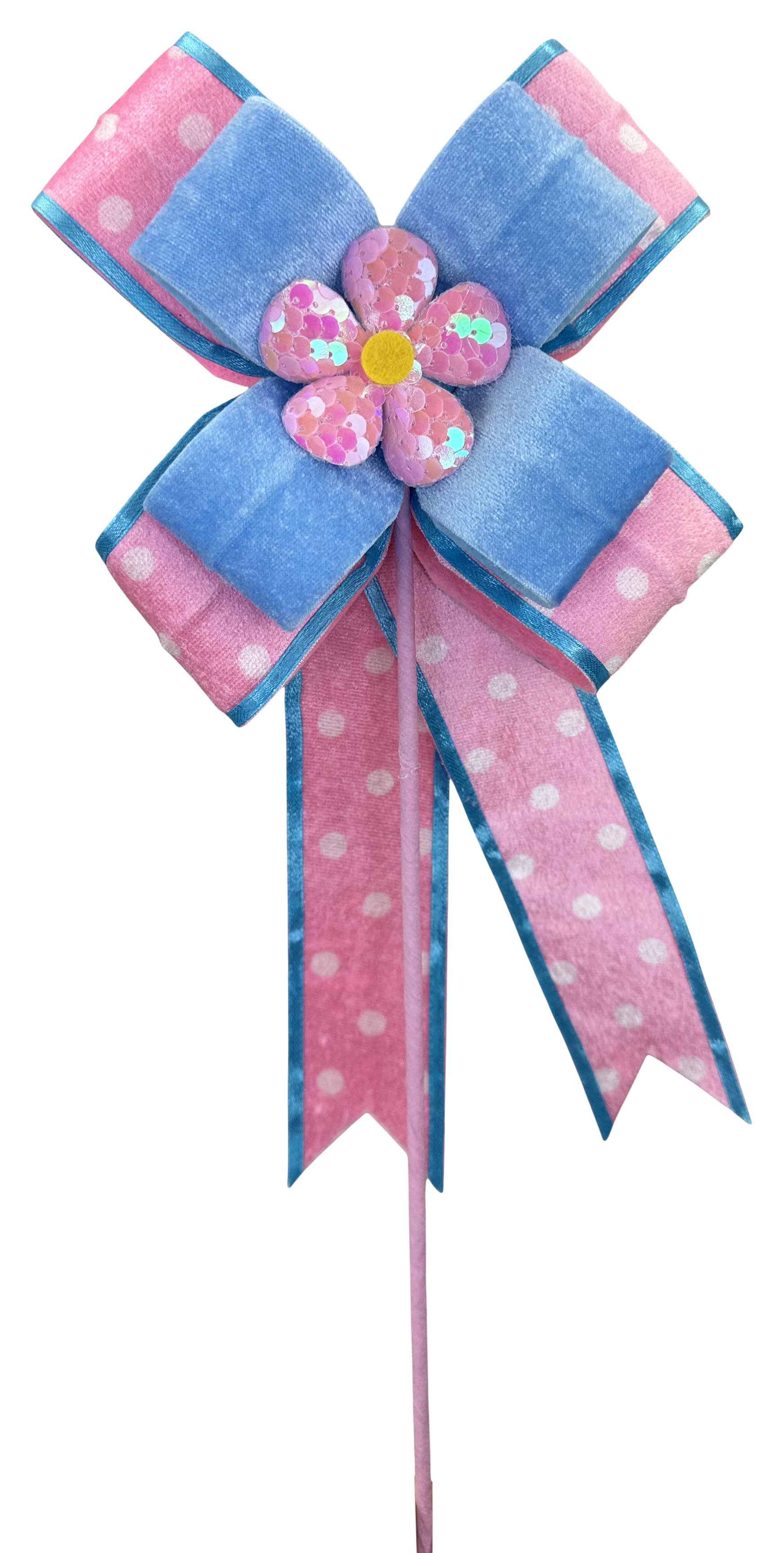 Polkadot Pink/Blue Daisy Bow Pick 18x6 - Burlap and Bling Decor