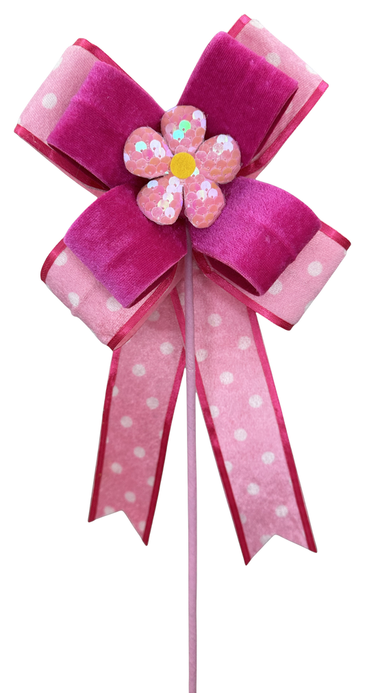Polkadot Hot Pink/Pink Daisy Bow Pick 18x6 - Burlap and Bling Decor