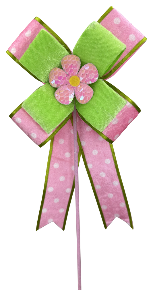 Polkadot Pink/Green Daisy Bow Pick18x6 - Burlap and Bling Decor