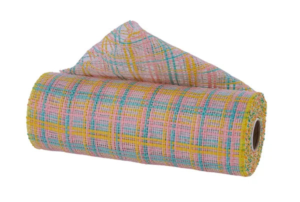 10"X10YD PLAID MESH TEAL/BLUSH/YELLOW - Burlap and Bling Decor