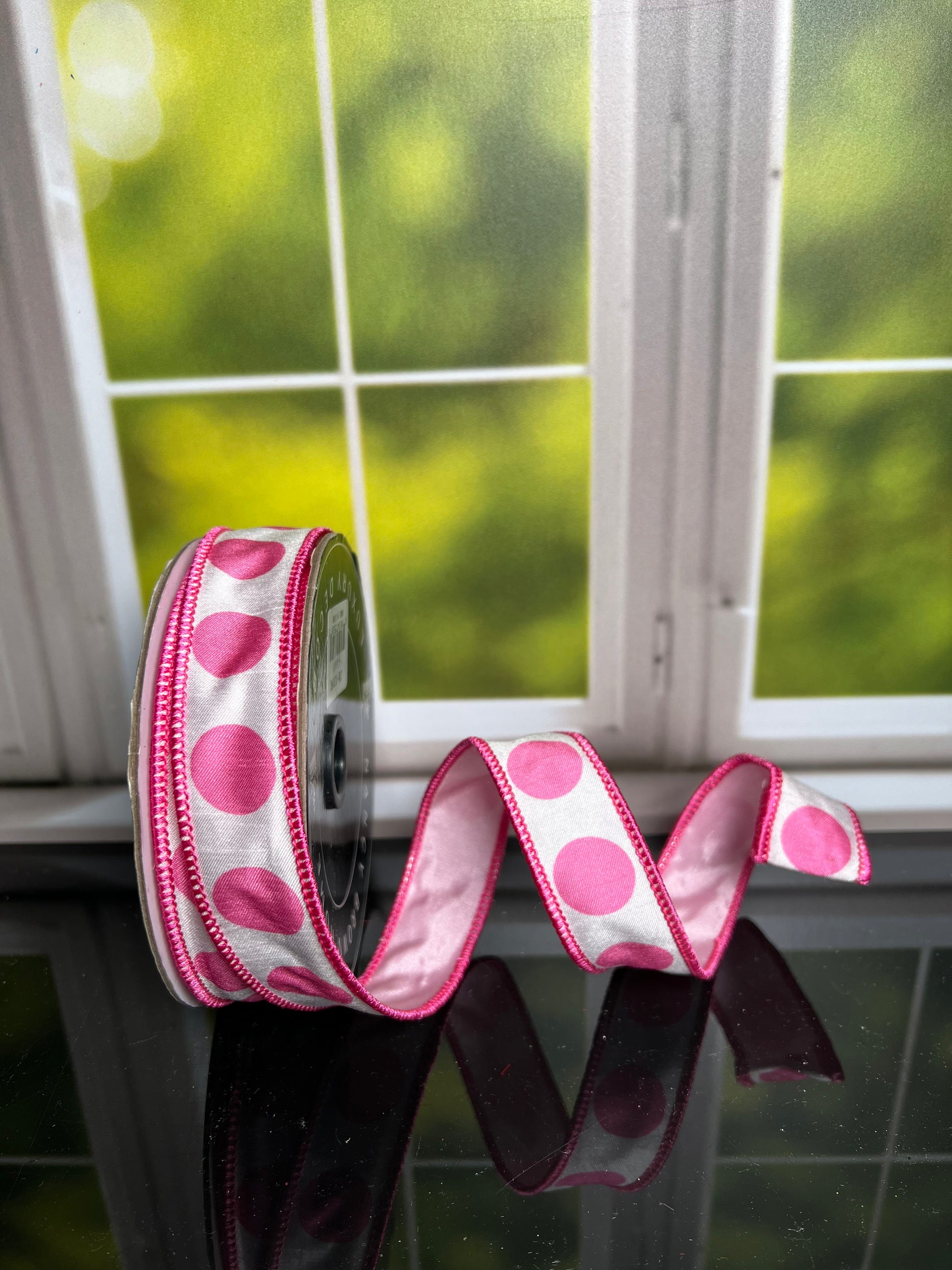 Lt. Pink Dots 1"x 10Y Double Sided Wired Ribbon - Burlap and Bling Decor