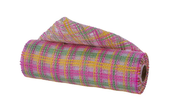 10"X10YD PLAID MESH HOT PINK/LIME/YELLOW - Burlap and Bling Decor