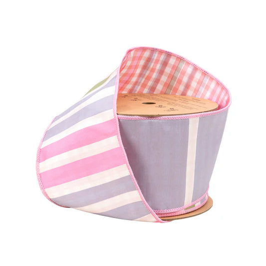 4" X 10 Dupioni Green/Pink/Purple Large Horizontal Stripe with Pink Gingham Backing Wired Ribbon - Burlap and Bling Decor