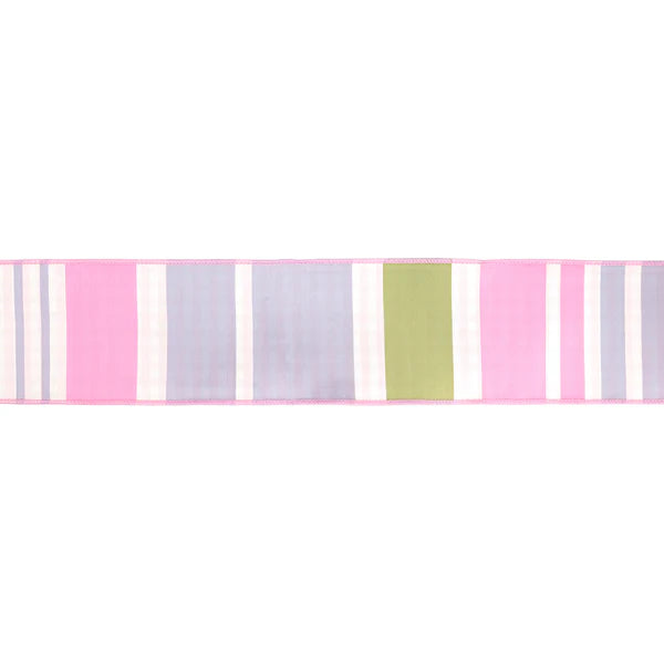 4" X 10 Dupioni Green/Pink/Purple Large Horizontal Stripe with Pink Gingham Backing Wired Ribbon - Burlap and Bling Decor