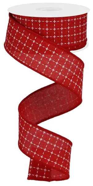 1.5"X10YDS RAISED STITCHED SQUARES/ROYAL RED/WHITE WIRED RIBBON
