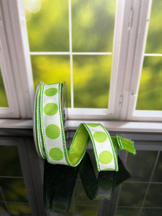 Green Dots 1"x 10Y Double Sided Wired Ribbon - Burlap and Bling Decor