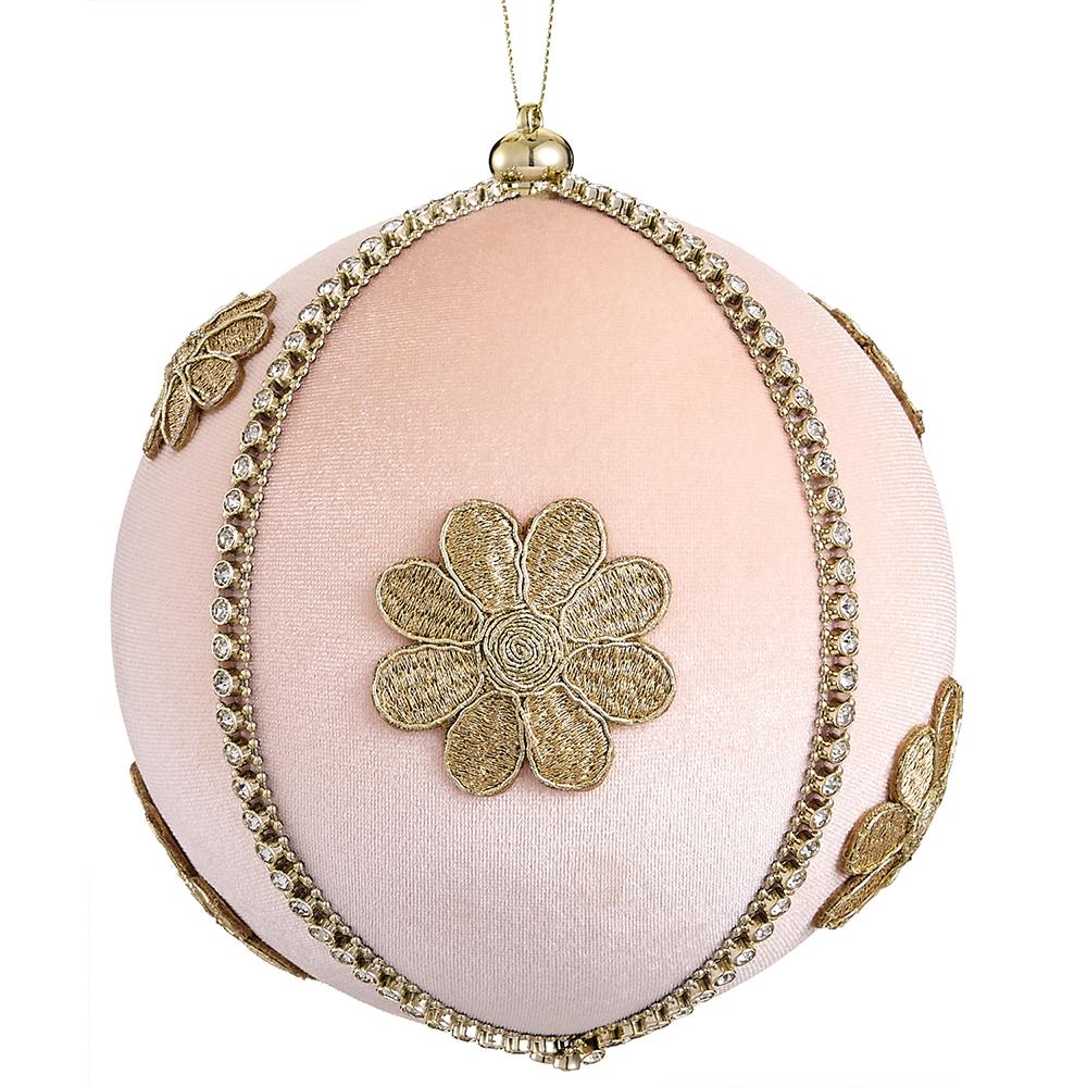 6" Flower Velvet Ball Ornament Pink Gold