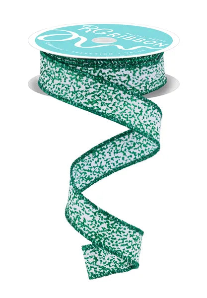7/8"X10YD SNOW GLITTER WHITE/EMERALD GREEN WIRED RIBBON - Burlap and Bling Decor