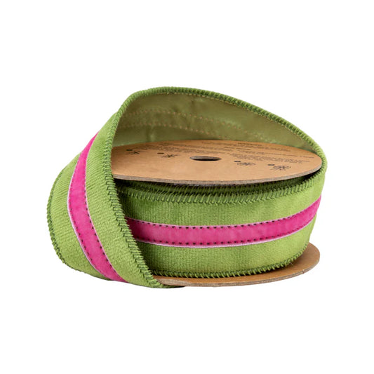 1.5" X 10 Yrds Velvet Ribbon w/ Trim Green w/ Pink Trim Wired Ribbon - Burlap and Bling Decor