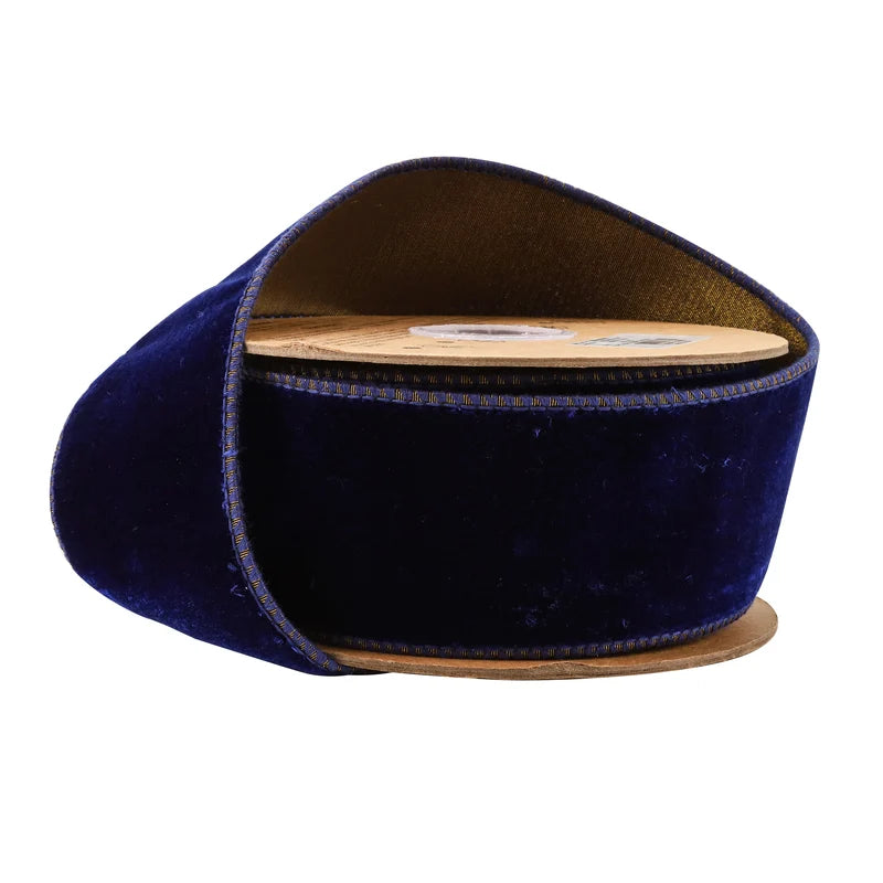 2.5"X10YDS PREMIUM VELVET W/ TISSUE BACK BLUE/GOLD WIRED RIBBON