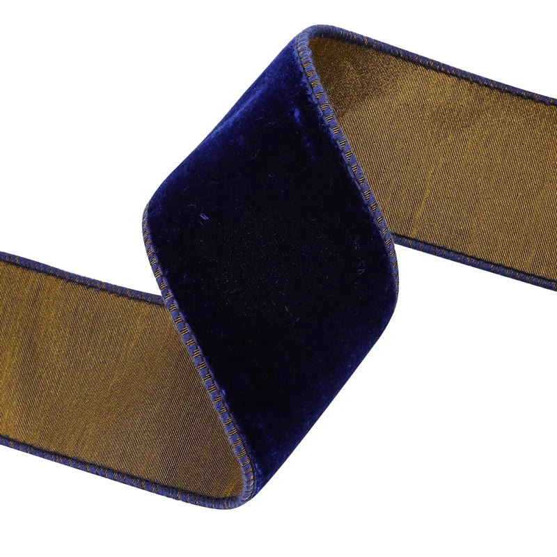 2.5"X10YDS PREMIUM VELVET W/ TISSUE BACK BLUE/GOLD WIRED RIBBON