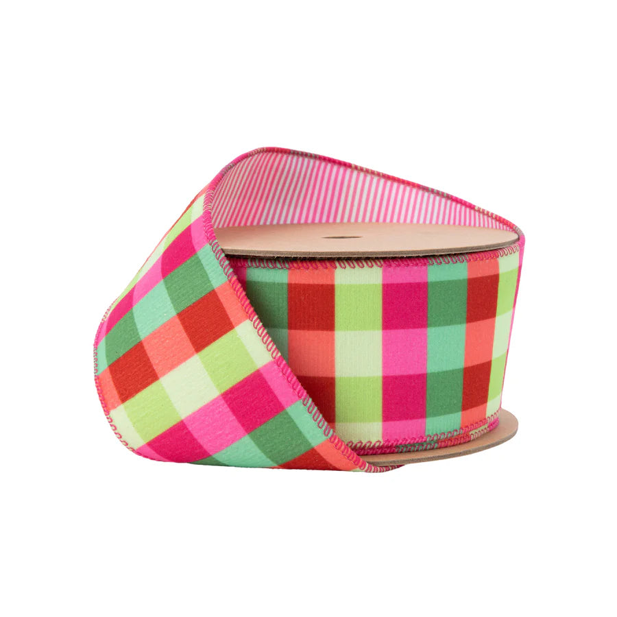 2 1/2" Velvet Ribbon | Florescent Pink/Green Plaid w/ Pink Stripe Backing | 10 Yard Roll - Burlap and Bling Decor