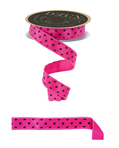 7/8"X10YD SMALL POLKA DOT/FUSED HOT PINK/BLACK WIRED RIBBON - Burlap and Bling Decor