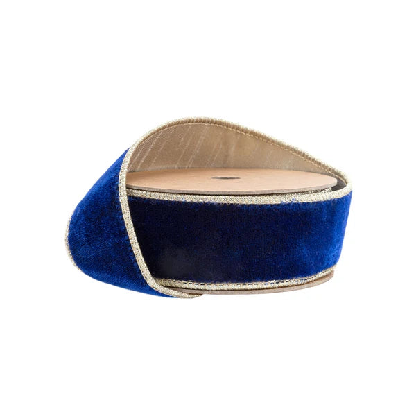 1.5" X10YDS PREMIUM VELVET ROYAL BLUE W/ GOLD DUPIONI-FUSED BACKING WIRED RIBBON