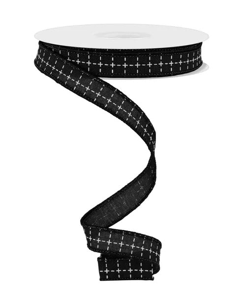 5/8"X10YDS RAISED STITCH SQUARES BLACK/WHITE WIRED RIBBON - Burlap and Bling Decor
