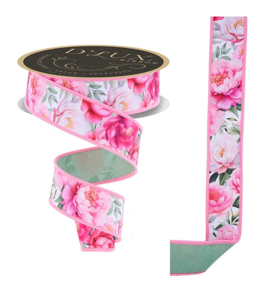 1.5"X10YD PEONIES/FUSED WHITE/PINK/MULTI WIRED RIBBON