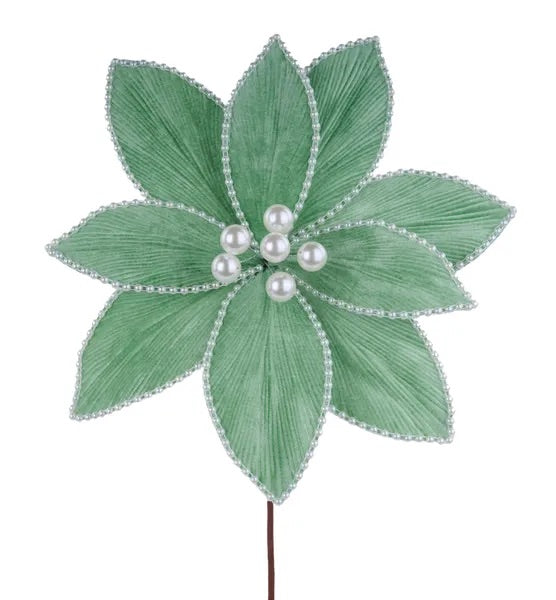 22"L X 12"DIA PEARL BEAD POINSETTIA PICK SAGE GREEN - Burlap and Bling Decor