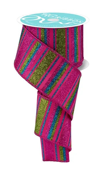 2.5"X10YDS HORIZONTAL STRIPE HOT PINK/LIME/TURQ WIRED RIBBON - Burlap and Bling Decor