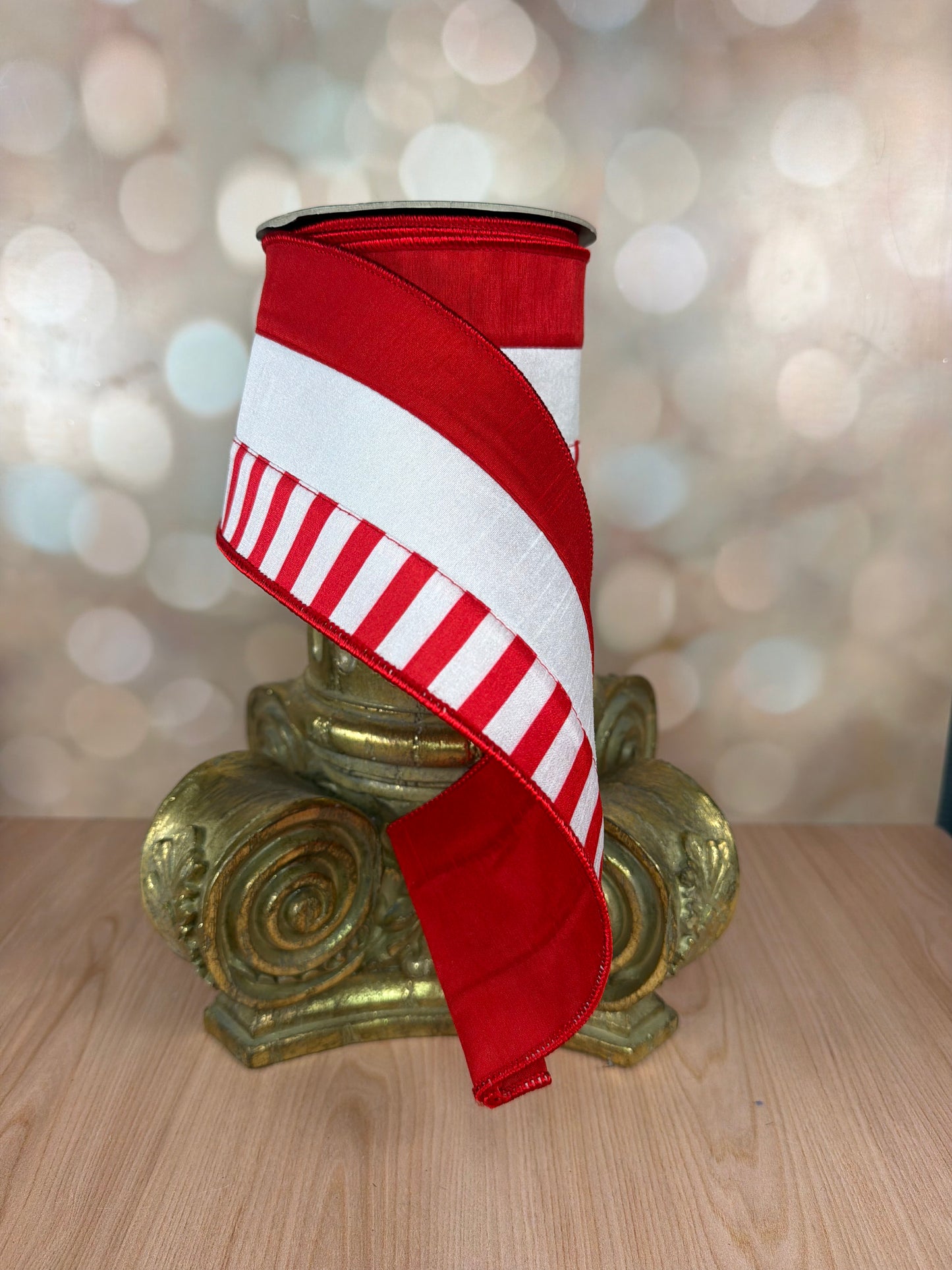 4" x 10 yard red white railroad striped with red white wide stripe - Burlap and Bling Decor
