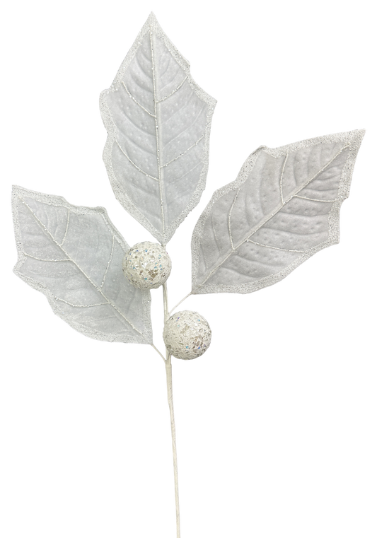 Holly Leaves Spray White Trimmed in White