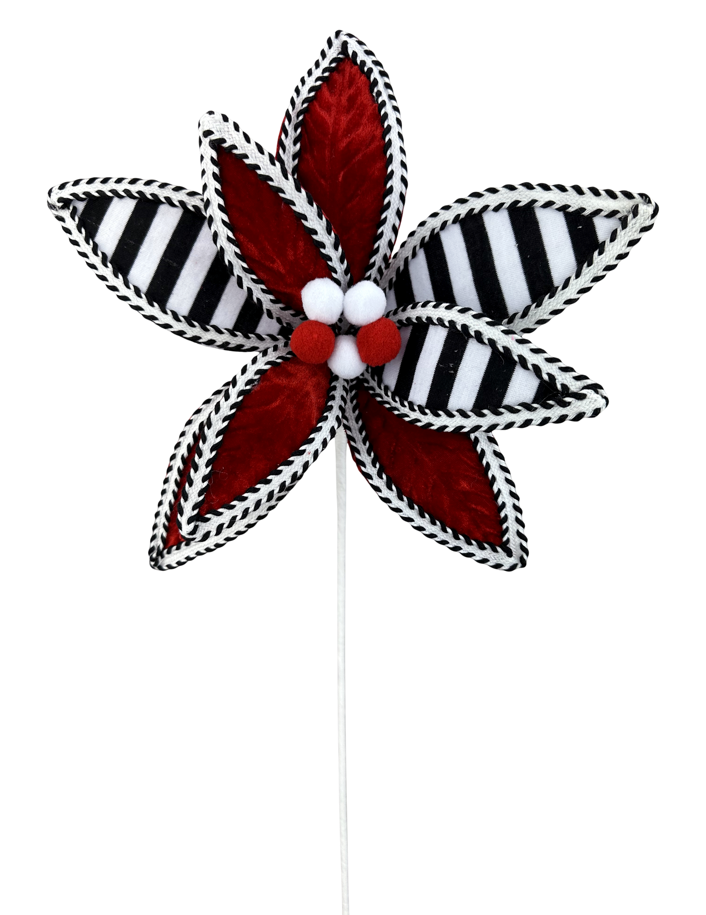 Stripe Poinsettia Stem 11" Diameter Red/Black/White