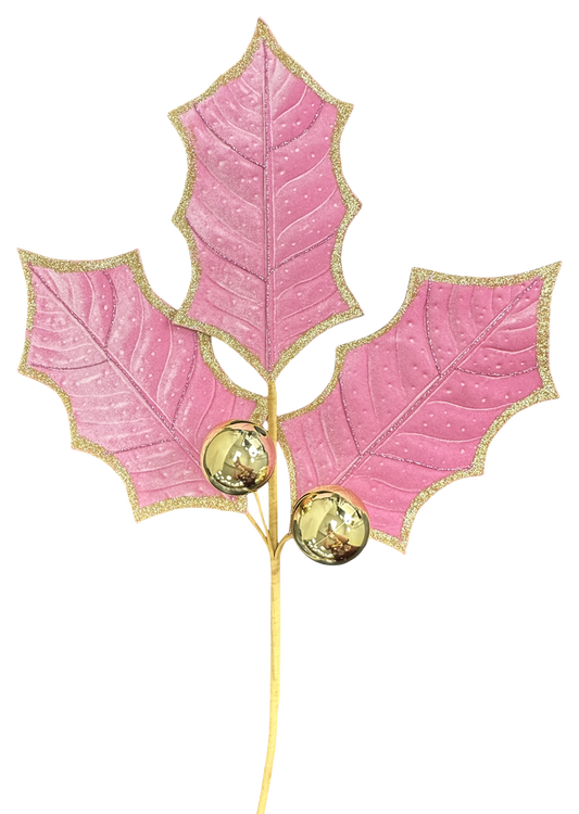 Holly Leaves Spray Pink Trimmed in Gold