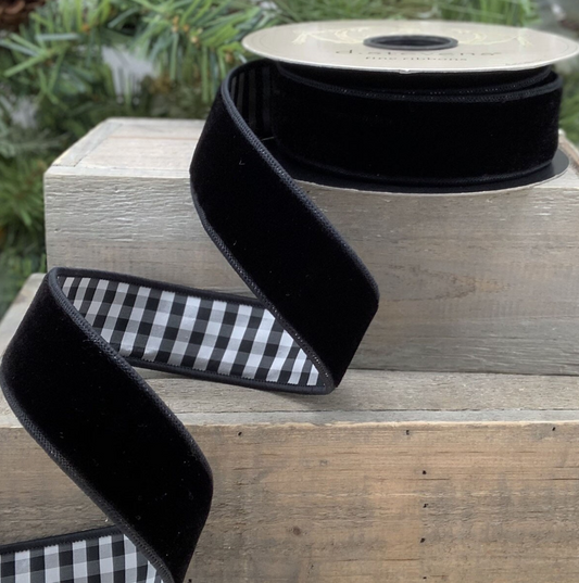 1.5” x 10yds velvet taffeta check back, black - Burlap and Bling Decor
