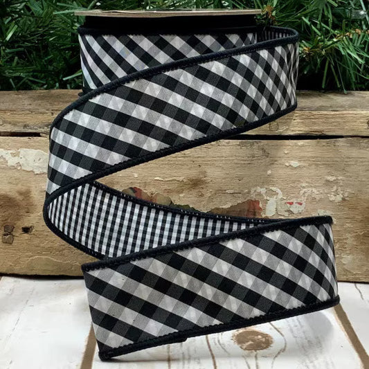 1.5“ X 10YDS TAFFETA DIAGONAL CHECK, CHECK BACK, BLACK WHITE WIRED RIBBON