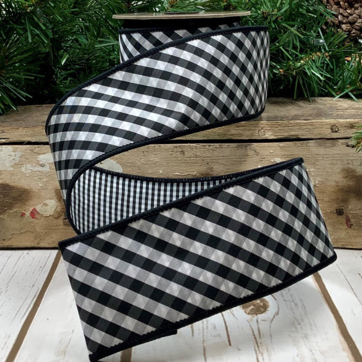 2.5” X 10YDS TAFFETA DIAGONAL CHECK, SMALL CHECK BACK, BLACK, WHITE WIRED RIBBON - Burlap and Bling Decor