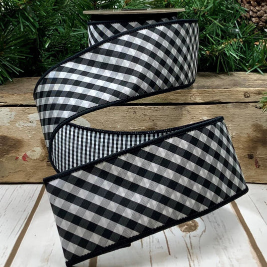 2.5” X 10YDS TAFFETA DIAGONAL CHECK, SMALL CHECK BACK, BLACK, WHITE WIRED RIBBON