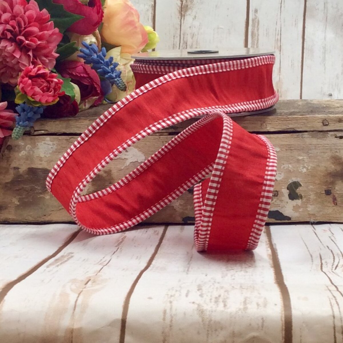 1.5“ X 10YDS FAUX DUPION RED-WHITE CHECK EDGE, ROSE RED WIRED RIBBON - Burlap and Bling Decor