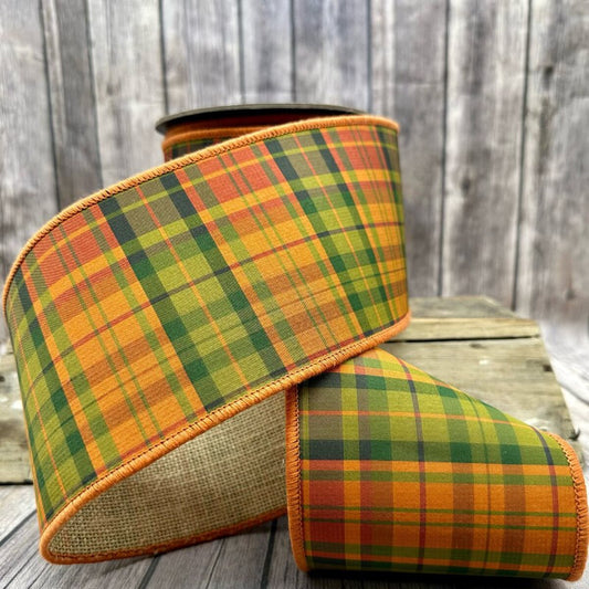 4“ x 10yds dupion/burlap autumn plaid, orange/green - Burlap and Bling Decor