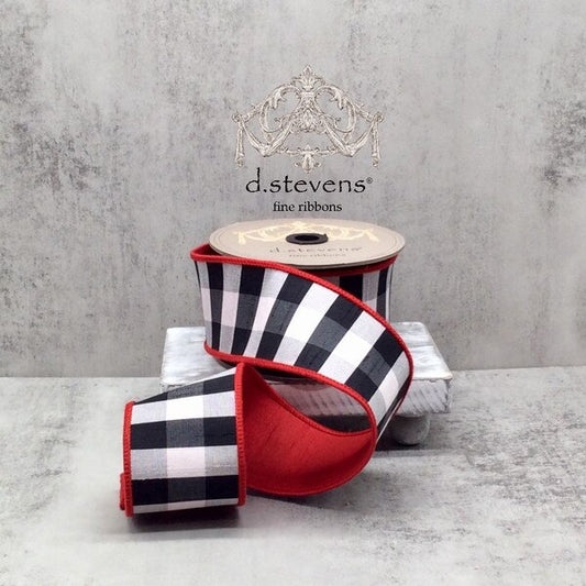 2.5” X 10YDS FAUX DUPION CHECK RED BACK, BLACK-WHITE WIRED RIBBON