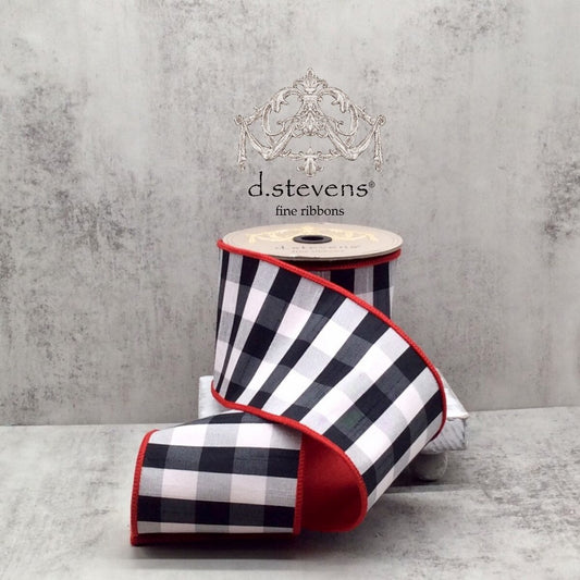 4“ X 10YDS FAUX DUPION CHECK RED BACK, BLACK-WHITE WIRED RIBBON