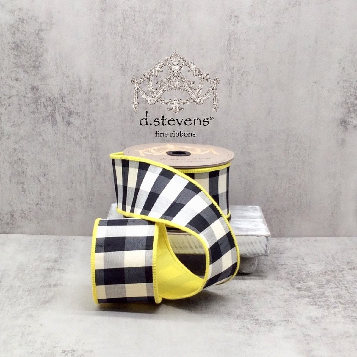2.5“ X 10YDS FAUX DUPION CHECK YELLOW BACK, BLACK-WHITE WIRED RIBBON - Burlap and Bling Decor