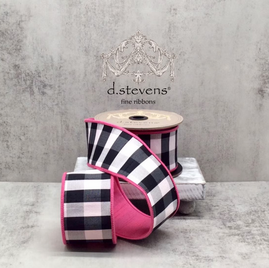 2.5" x 10yds faux dupion check hot pink back, black-white - Burlap and Bling Decor