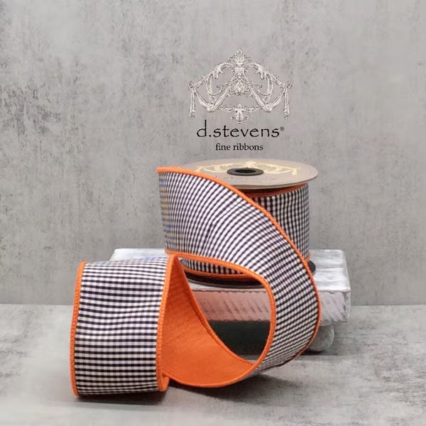 2.5” X 10YDS FAUX DUPION MINI CHECK ORANGE BACK, BLACK-WHITE WIRED RIBBON - Burlap and Bling Decor