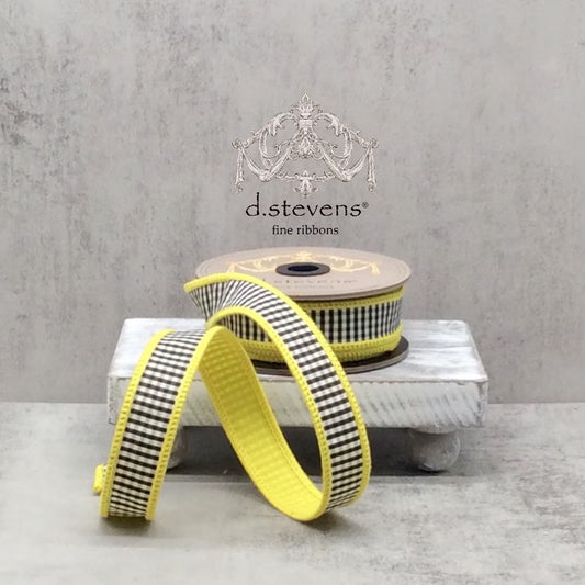 1“ X 10YDS FAUX DUPION MINI CHECK YELLOW BACK, BLACK-WHITE WIRED RIBBON