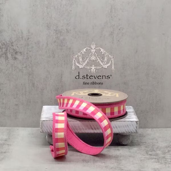 1” X 10YDS FAUX DUPION CHECK HOT PINK BACK, PINK BLUE PALE YELLOW WIRED RIBBON - Burlap and Bling Decor