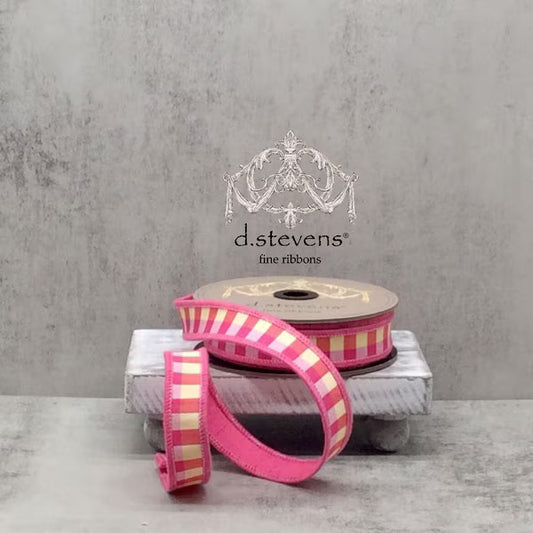 1” X 10YDS FAUX DUPION CHECK HOT PINK BACK, PINK BLUE PALE YELLOW WIRED RIBBON