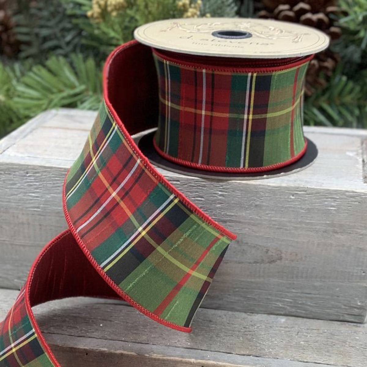 2.5" x 10yds faux dupion tradition tartan, red back, moss green