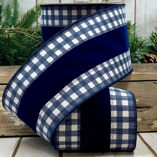 4" X 10yds Velvet Navy and White Houndstooth Edge Ribbon